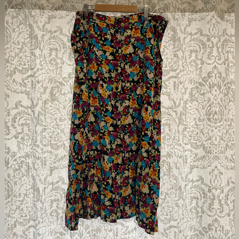 Sag Harbor Floral Maxi Skirt - Black with Teal, Yellow & Purple Flowers